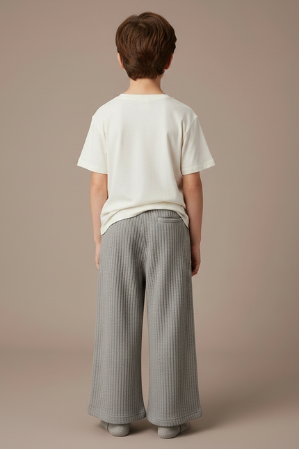 Pantalon Gris Côtelé Large Décontracté Enfant - Maille - vue 2