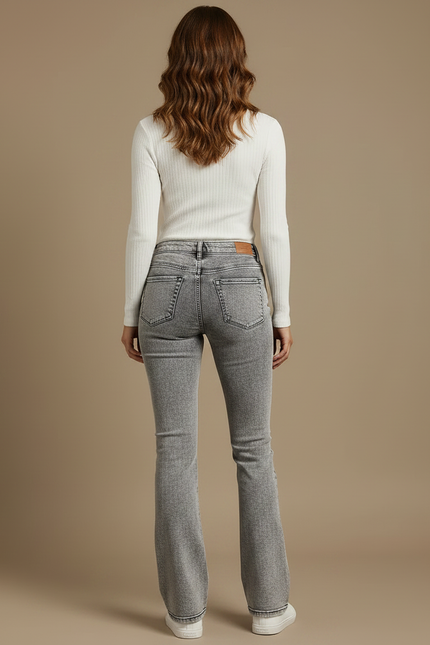 Pantalon Gris Jean Évasé Taille Haute Délavé Femme - vue 2