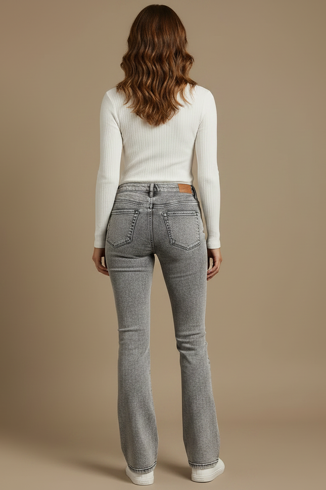 Pantalon Gris Jean Évasé Taille Haute Délavé Femme - vue 2
