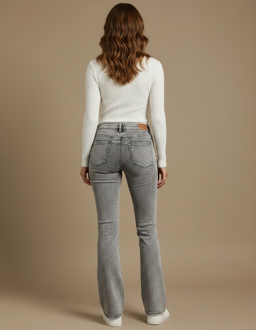 Pantalon Gris Jean Évasé Taille Haute Délavé Femme - vue 2