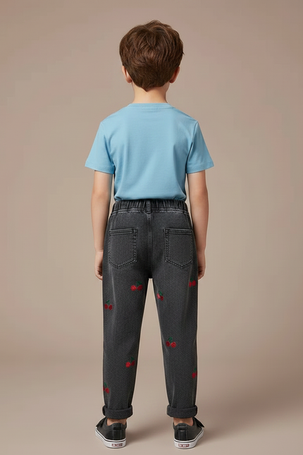 Pantalon Gris Denim Brodé Cerises Enfant Confortable - Jean - vue 2