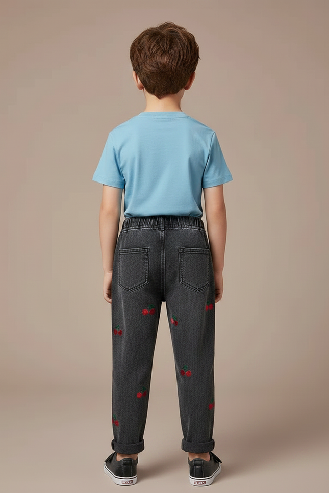 Pantalon Gris Denim Brodé Cerises Enfant Confortable - Jean - vue 2