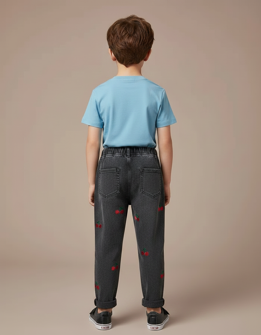 Pantalon Gris Denim Brodé Cerises Enfant Confortable - Jean - vue 2