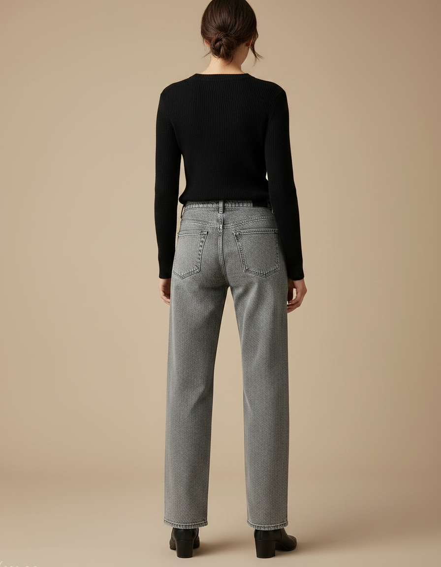 Pantalon Gris Jean Large Délavé Taille Haute Femme - vue 2