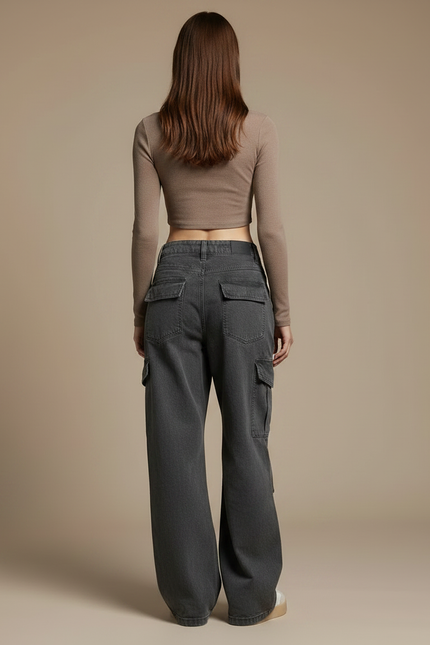 Pantalon Gris Cargo Ample Jambe Large Femme - Jean - vue 2