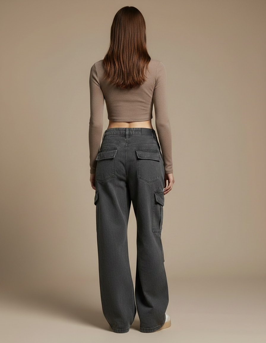 Pantalon Gris Cargo Ample Jambe Large Femme - Jean - vue 2