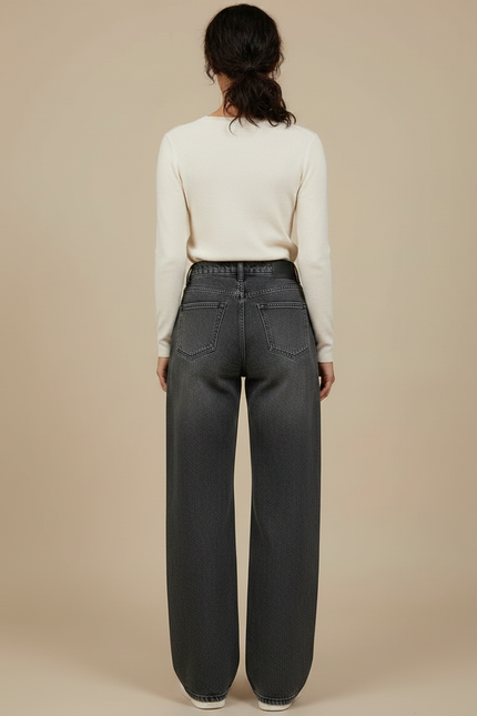 Pantalon Gris Large Délavé Taille Haute Femme - Jean - vue 2