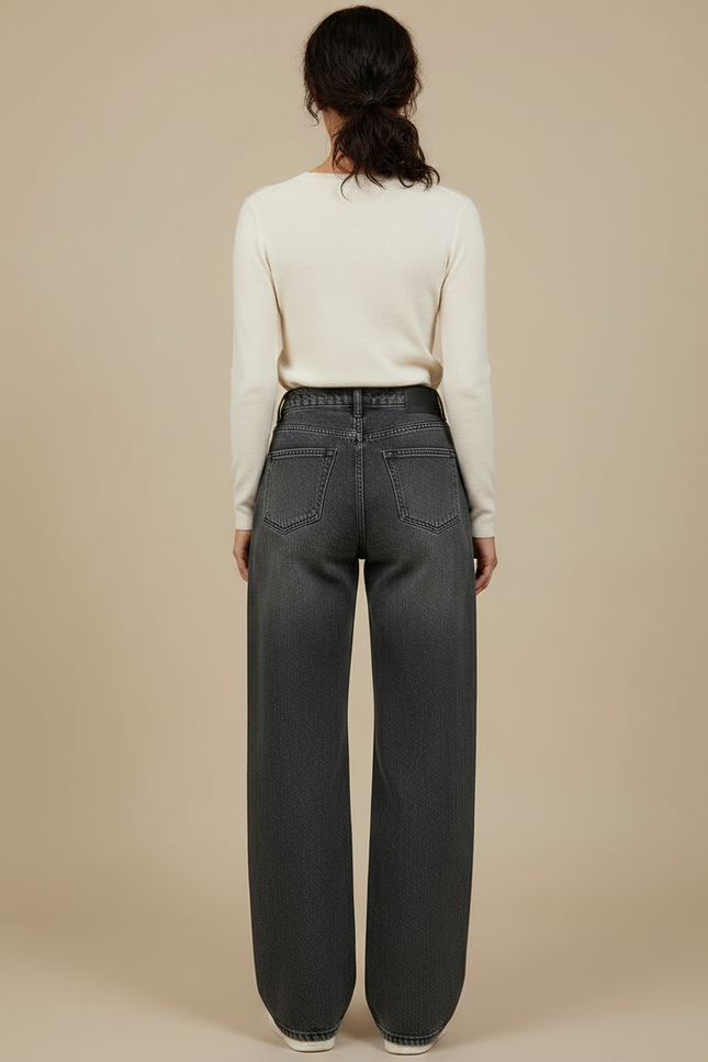 Pantalon Gris Large Délavé Taille Haute Femme - Jean - vue 2