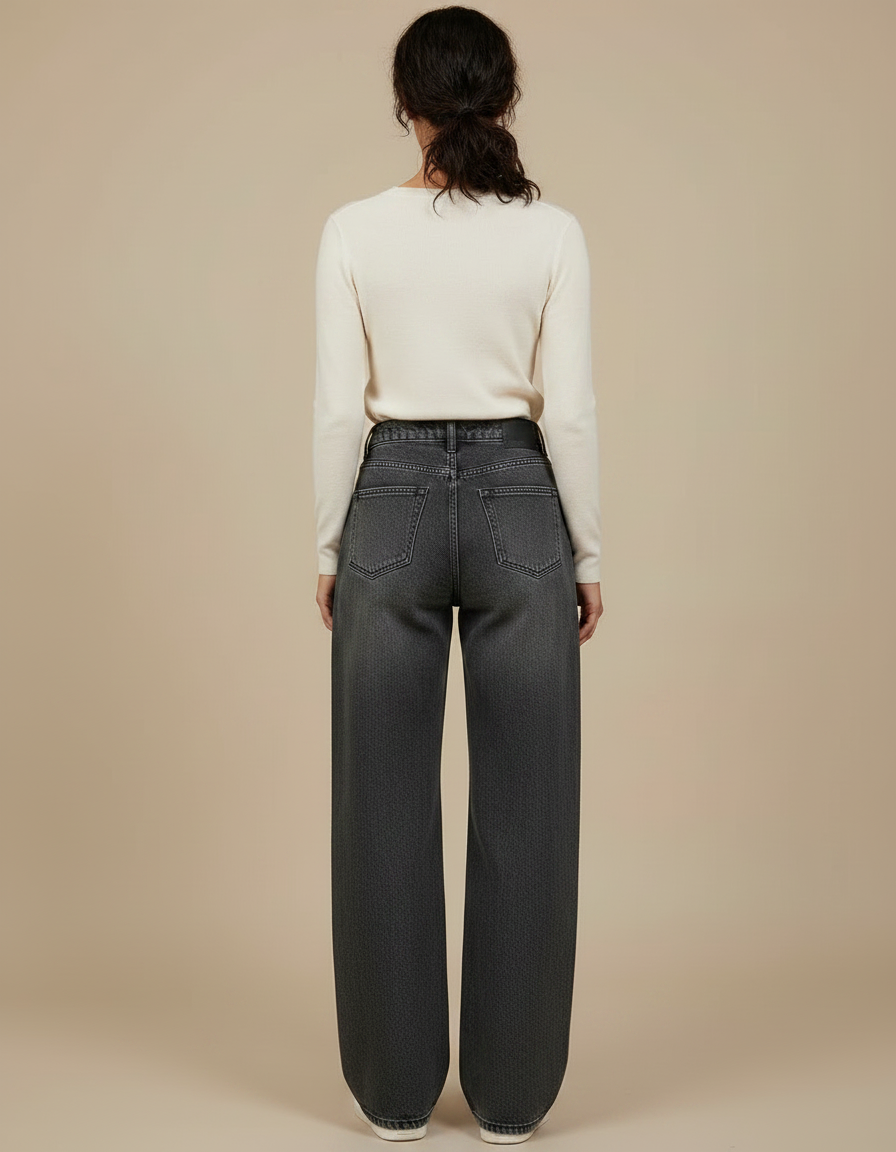 Pantalon Gris Large Délavé Taille Haute Femme - Jean - vue 2