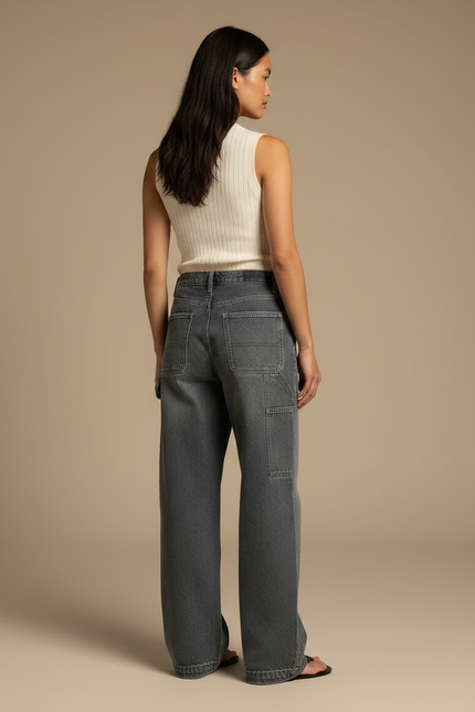 Pantalon Gris Large Délavé Cargo Taille Haute - Jean - vue 2