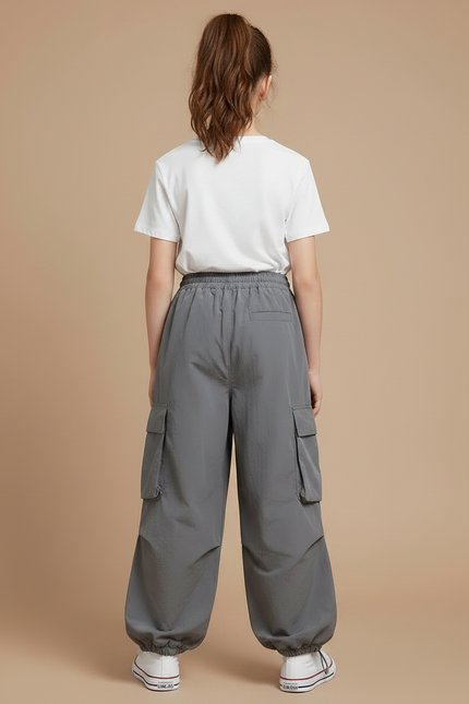 Pantalon Gris Cargo Ample Cordon Décontracté Fille - Polyester - vue 2