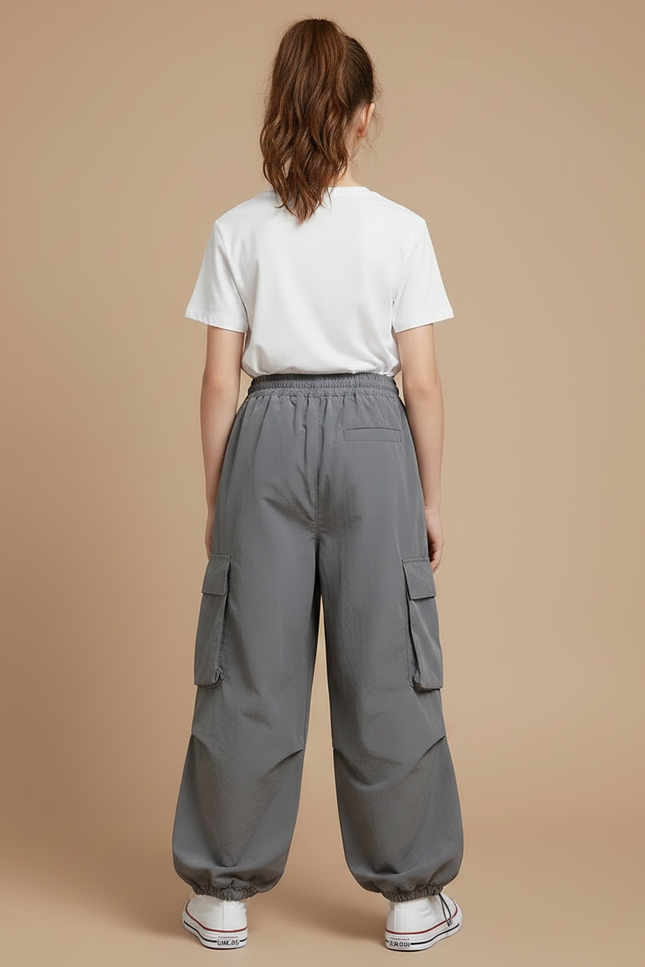 Pantalon Gris Cargo Ample Cordon Décontracté Fille - Polyester - vue 2