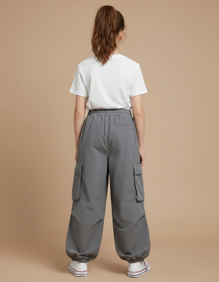 Pantalon Gris Cargo Ample Cordon Décontracté Fille - Polyester - vue 2