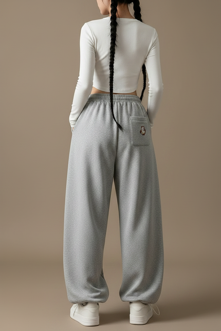 Pantalon Gris Ample Brodé Décontracté Confortable Femme - Molleton - vue 2