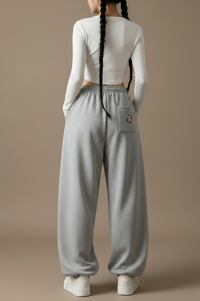 Pantalon Gris Ample Brodé Décontracté Confortable Femme - Molleton - vue 2