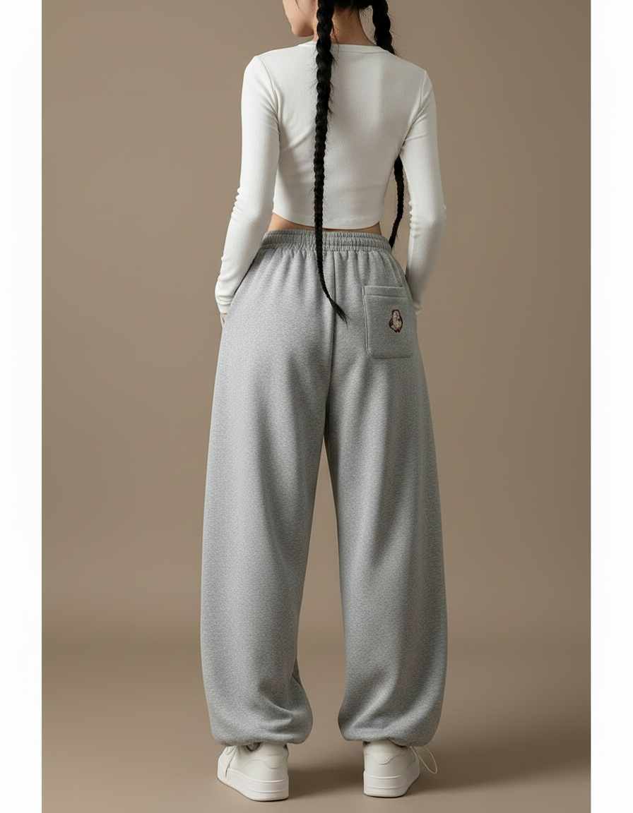 Pantalon Gris Ample Brodé Décontracté Confortable Femme - Molleton - vue 2