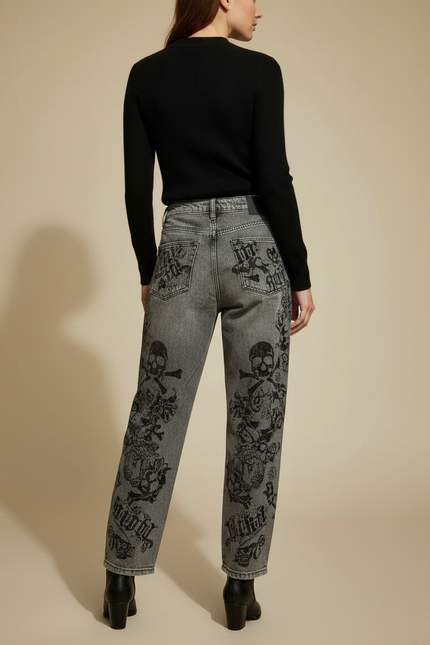 Pantalon Gris Jean Large Imprimé Crânes Gothique - vue 2