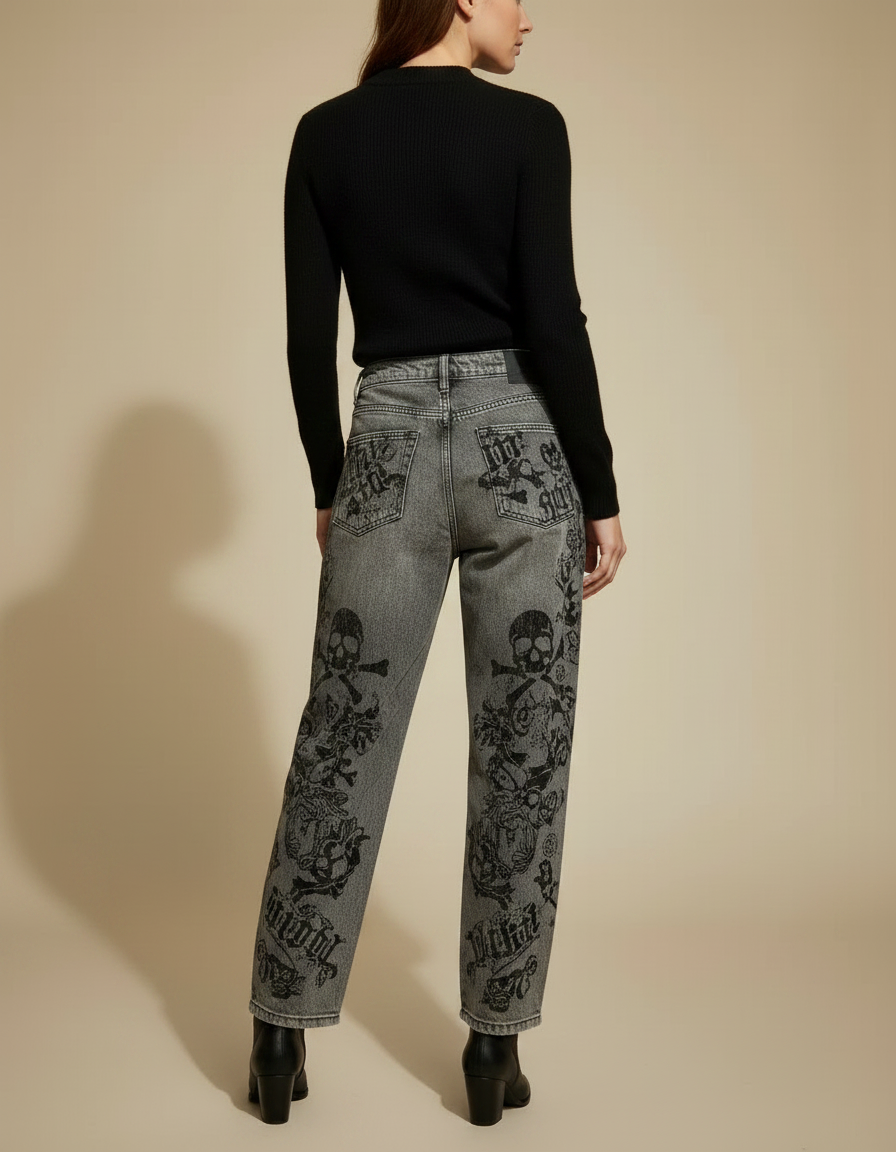 Pantalon Gris Jean Large Imprimé Crânes Gothique - vue 2