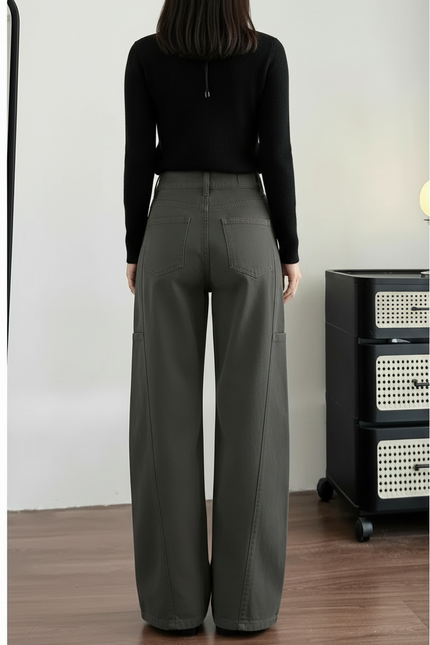 Pantalon Gris Cargo Ample Droit Taille Haute Femme - Kaki Gabardine - vue 2