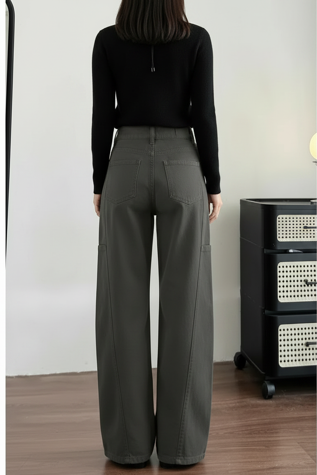 Pantalon Gris Cargo Ample Droit Taille Haute Femme - Kaki Gabardine - vue 2