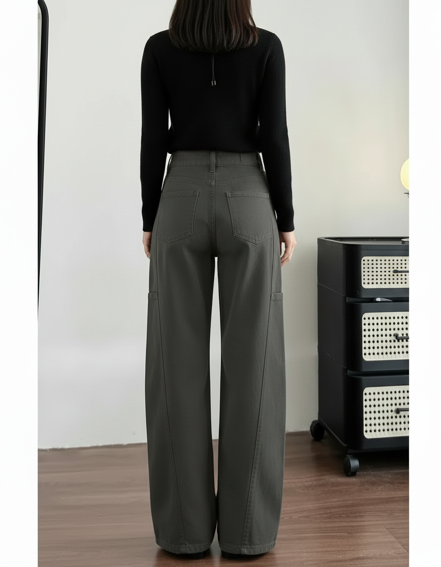Pantalon Gris Cargo Ample Droit Taille Haute Femme - Kaki Gabardine - vue 2