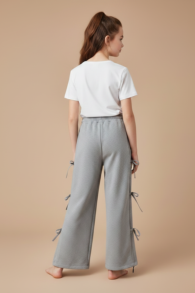 Pantalon Gris Ample Coton Sportif Nœuds Latéraux - Molleton - vue 2