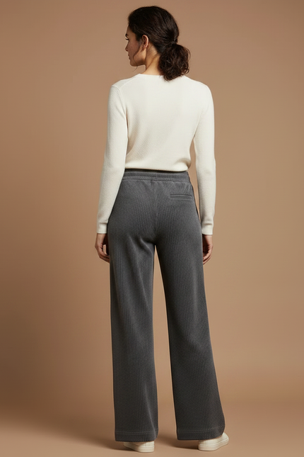 Pantalon Gris Côtelé Large Confortable Femme Décontracté - Cordé - vue 2