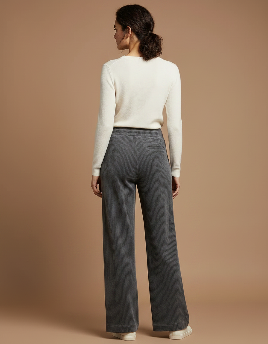 Pantalon Gris Côtelé Large Confortable Femme Décontracté - Cordé - vue 2