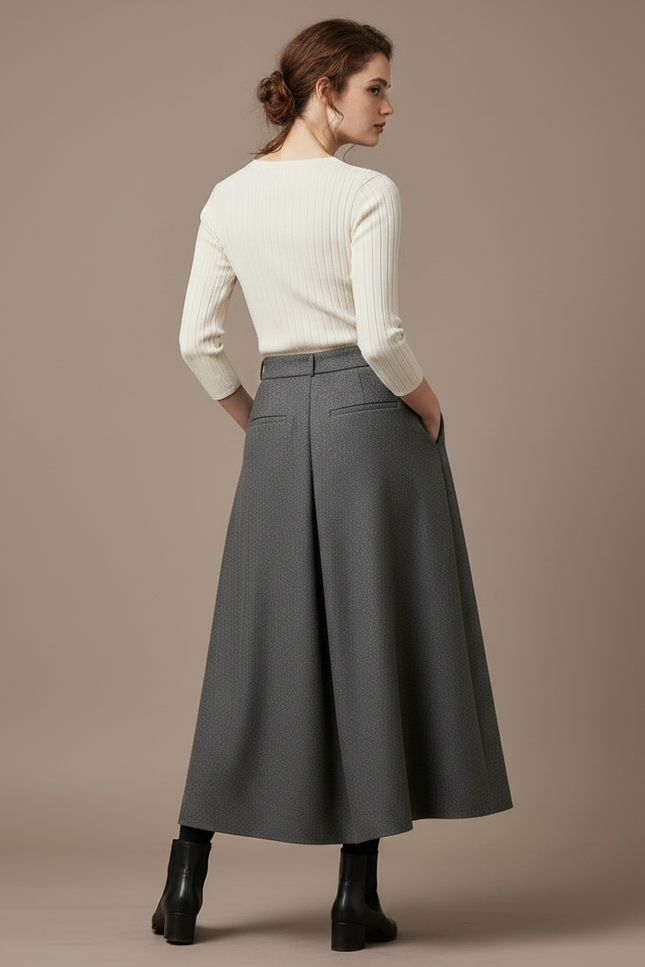 Pantalon Gris Plissé Ample Laine Élégant Femme - vue 2