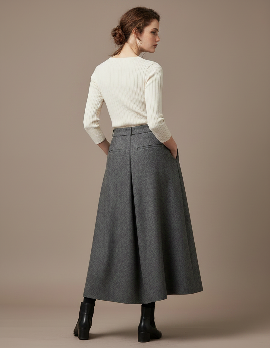 Pantalon Gris Plissé Ample Laine Élégant Femme - vue 2