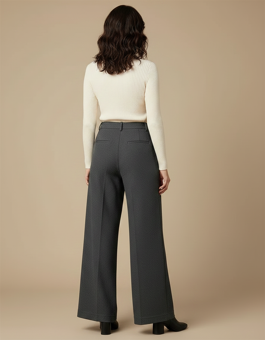 Pantalon Gris Ample Taille Haute Fluide Élégant - Laine - vue 2