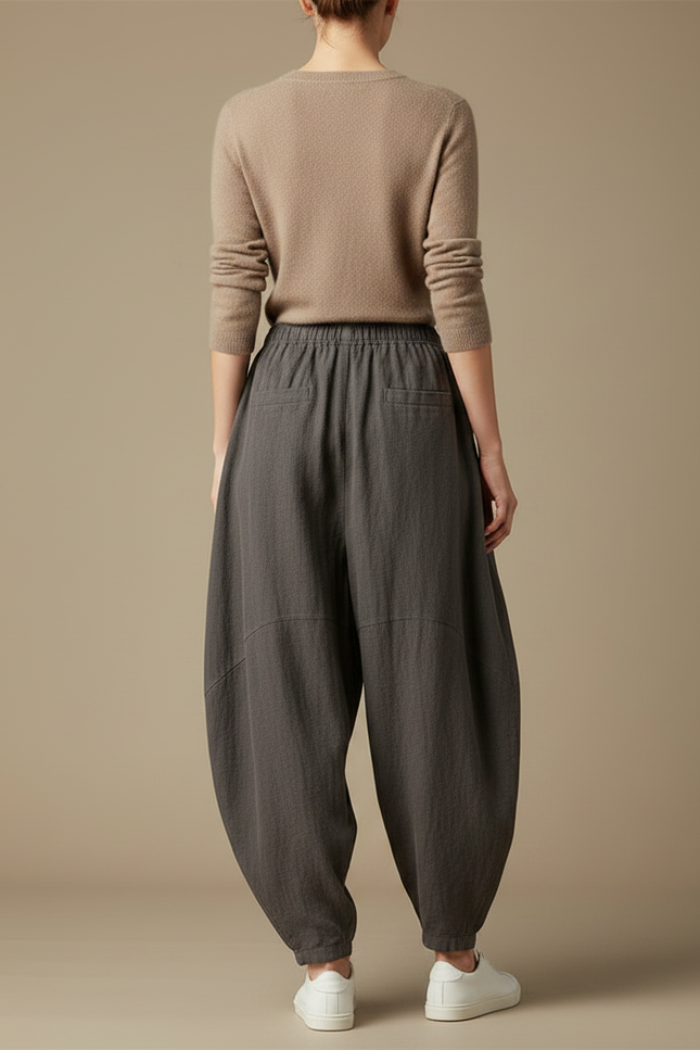 Pantalon Gris Lin Coton Ample Décontracté Femme - vue 2