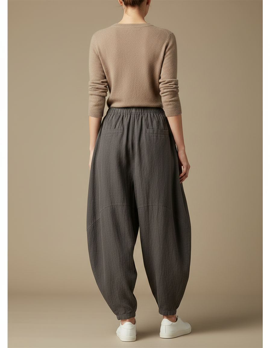 Pantalon Gris Lin Coton Ample Décontracté Femme - vue 2