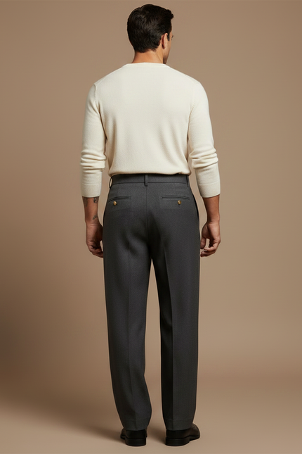 Pantalon Gris Ample Droit Élégant Boutons Dorés - Laine - vue 2