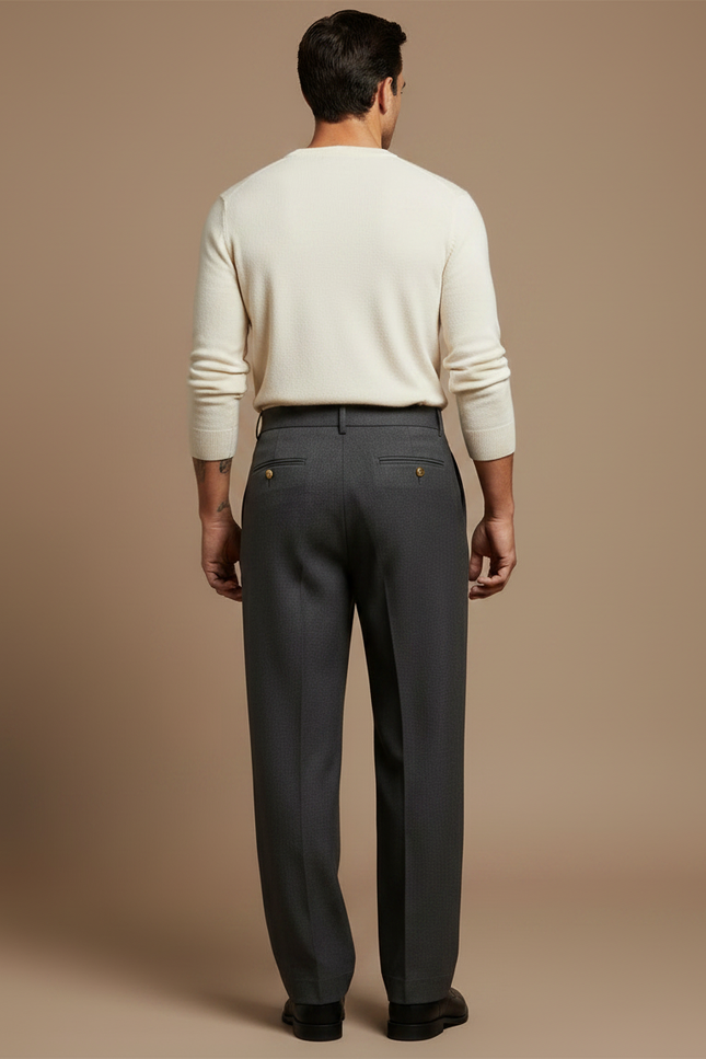 Pantalon Gris Ample Droit Élégant Boutons Dorés - Laine - vue 2