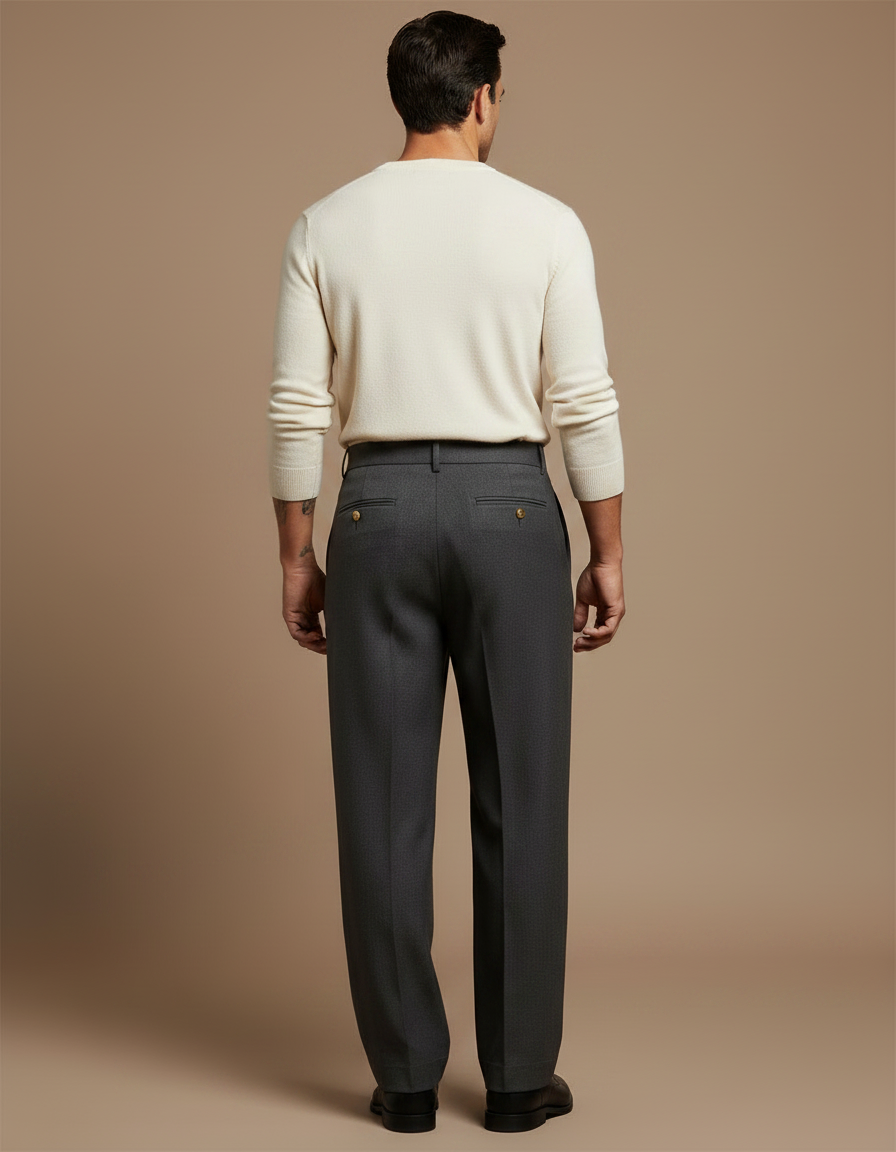 Pantalon Gris Ample Droit Élégant Boutons Dorés - Laine - vue 2