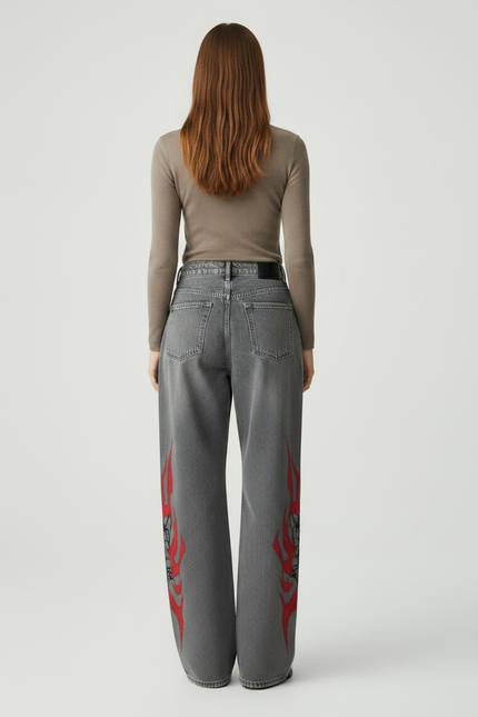 Pantalon Gris Jean Large Imprimé Flammes Gothique Y2K - vue 2