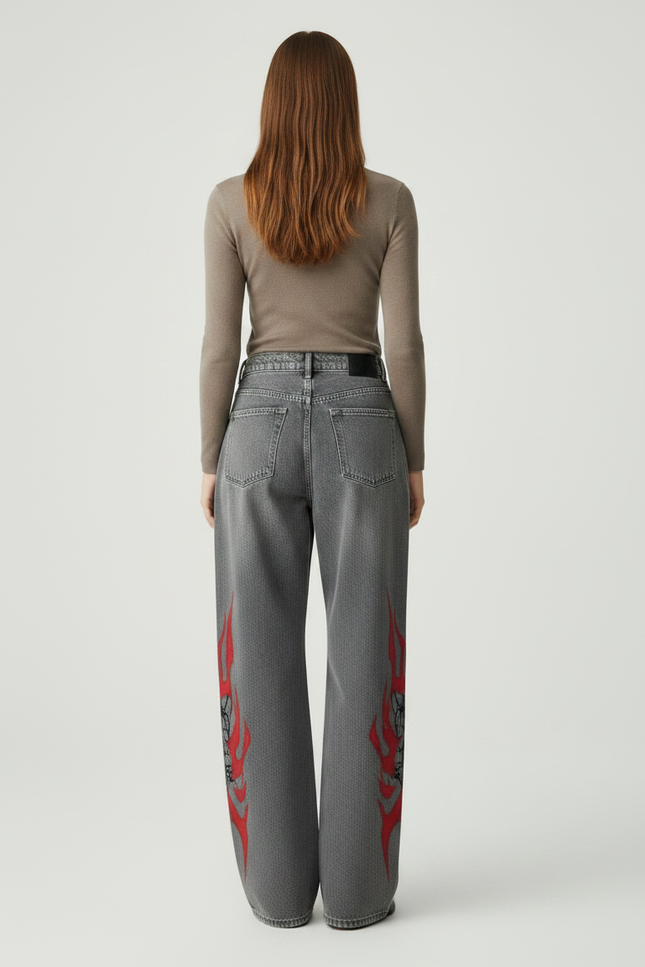 Pantalon Gris Jean Large Imprimé Flammes Gothique Y2K - vue 2