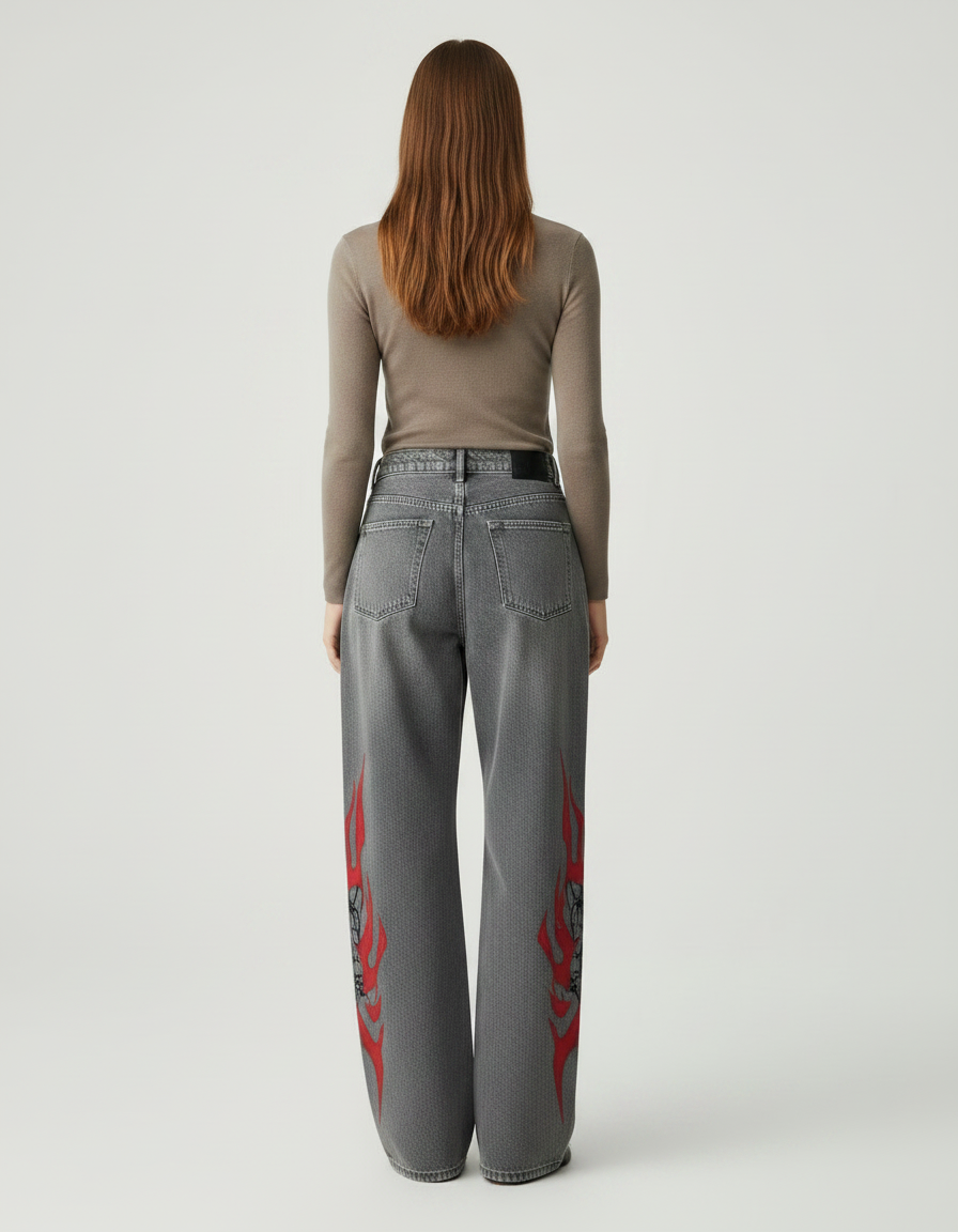 Pantalon Gris Jean Large Imprimé Flammes Gothique Y2K - vue 2
