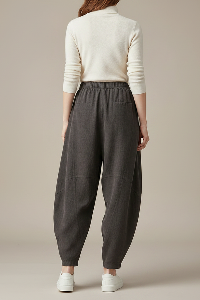 Pantalon Gris Ample Lin Coton Décontracté Femme - vue 2