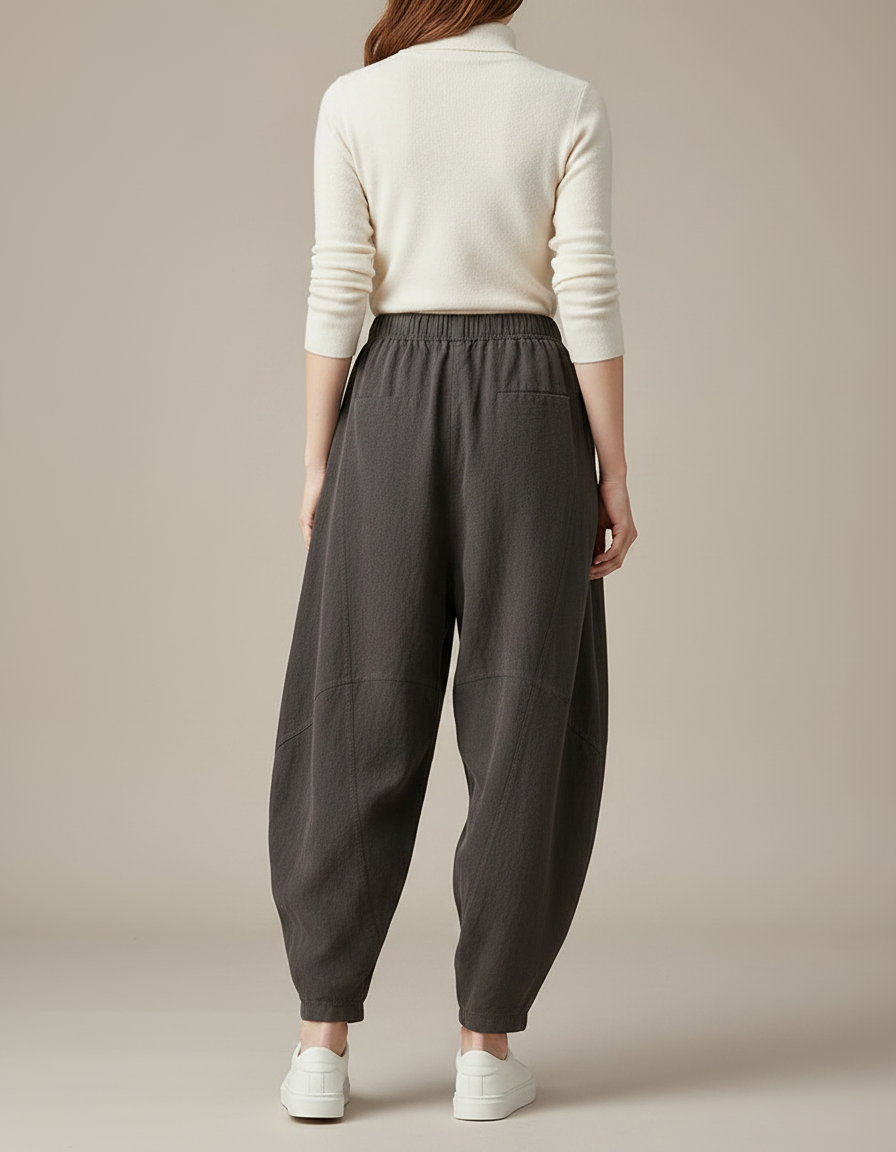 Pantalon Gris Ample Lin Coton Décontracté Femme - vue 2
