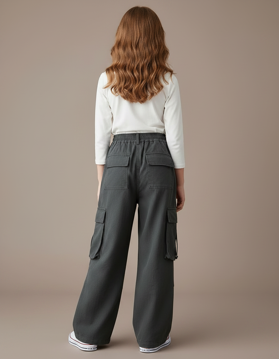 Pantalon Gris Cargo Ample Fille Décontracté Coton - vue 2