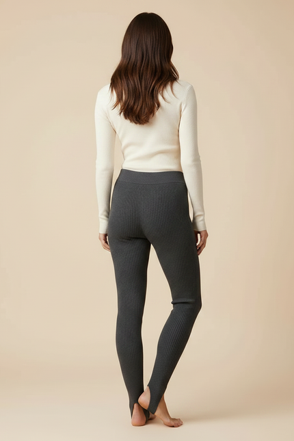 Pantalon Gris Côtelé Taille Haute À Étrier Pour Femme - Maille - vue 2