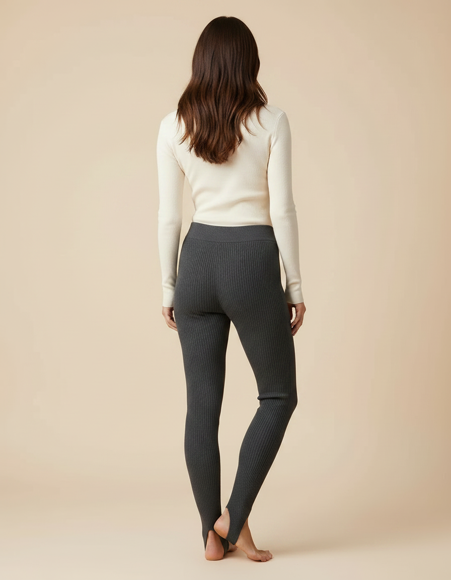 Pantalon Gris Côtelé Taille Haute À Étrier Pour Femme - Maille - vue 2