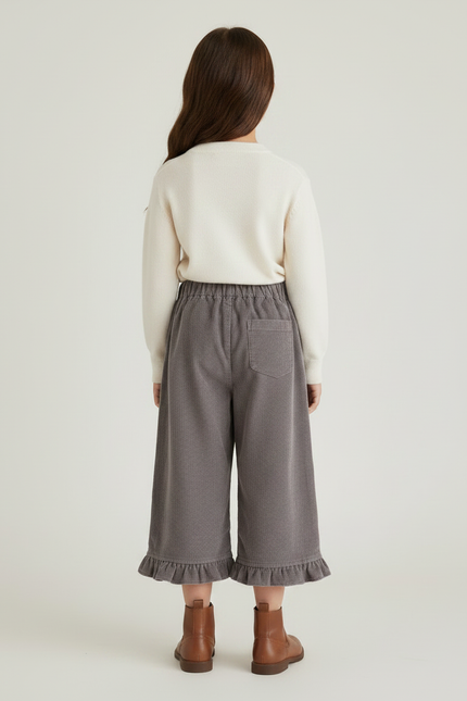 Pantalon Gris Côtelé Ample Volants Fille Confortable - Cordé - vue 2
