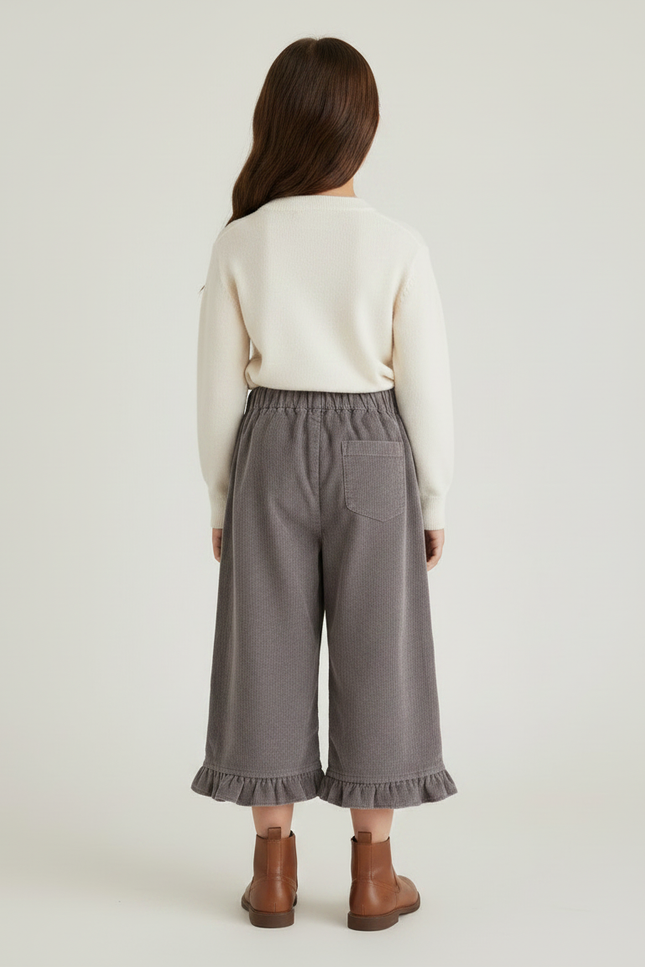 Pantalon Gris Côtelé Ample Volants Fille Confortable - Cordé - vue 2