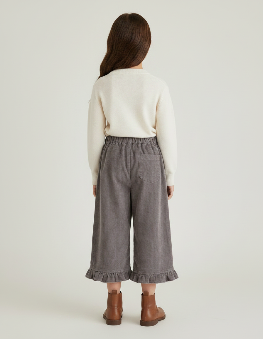 Pantalon Gris Côtelé Ample Volants Fille Confortable - Cordé - vue 2