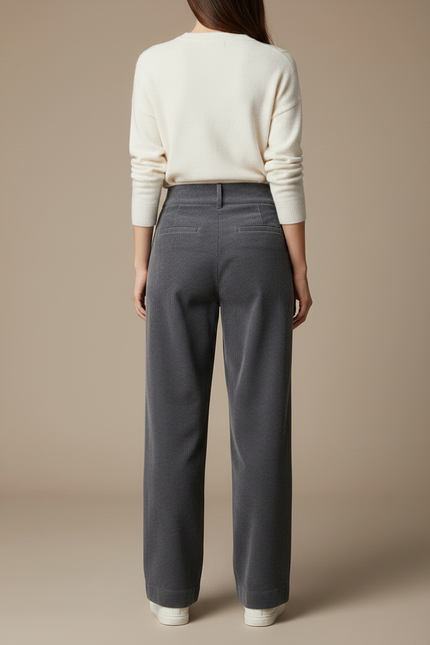 Pantalon Gris Côtelé Large Plissé Taille Haute - Cordé - vue 2