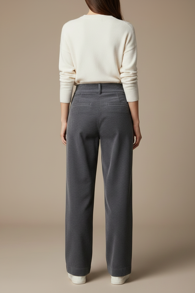 Pantalon Gris Côtelé Large Plissé Taille Haute - Cordé - vue 2