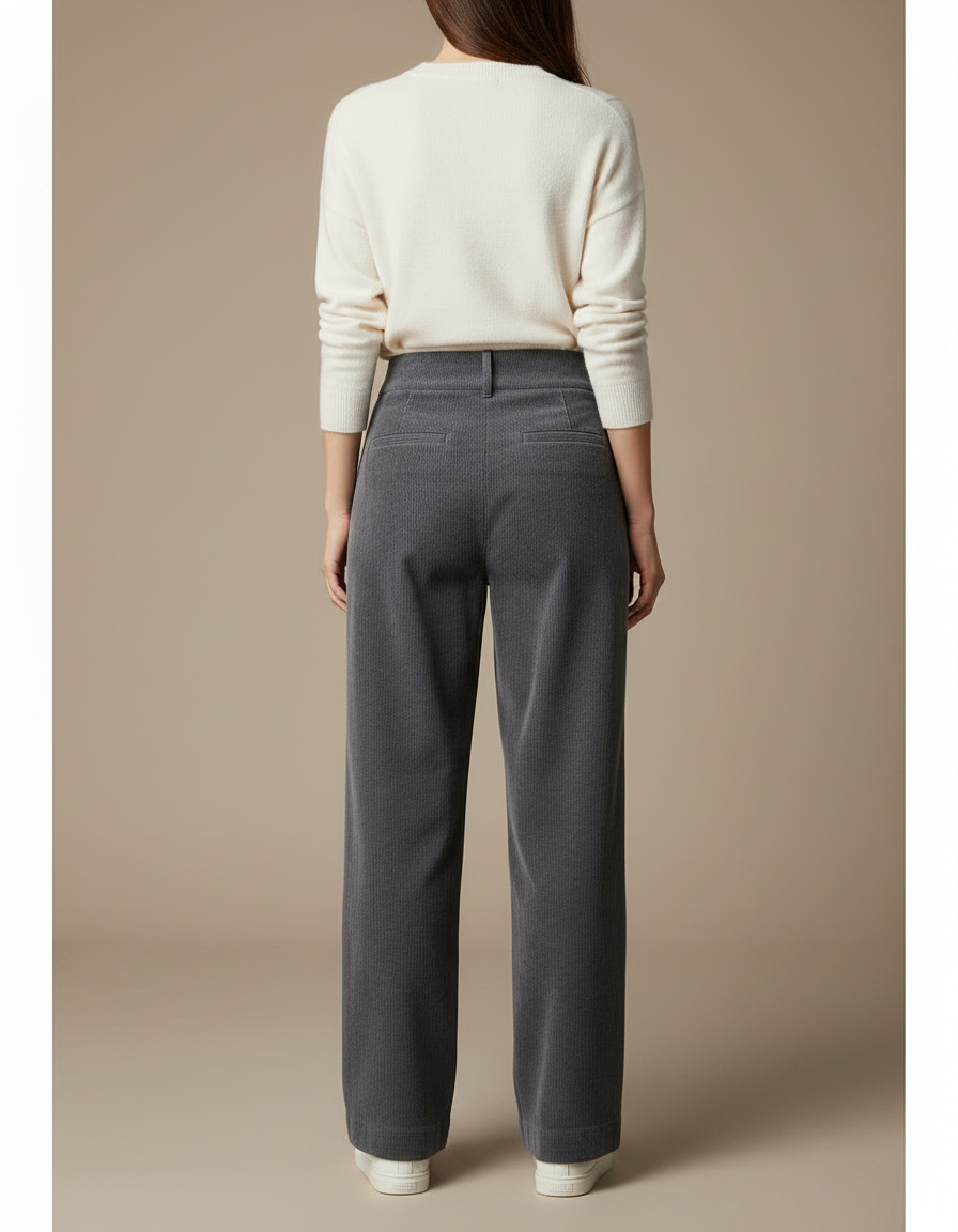 Pantalon Gris Côtelé Large Plissé Taille Haute - Cordé - vue 2